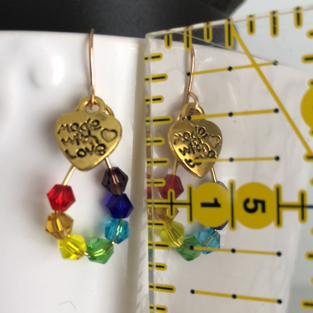 New Sparkling Crystal Glass Dangling Rainbow Made With Love Hoop Heart Earrings - Picture 4 of 4